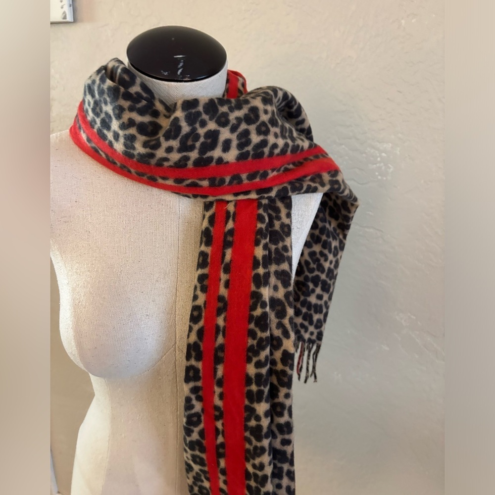 Leopard Print Scarf with Red Stripe - Women Accessories